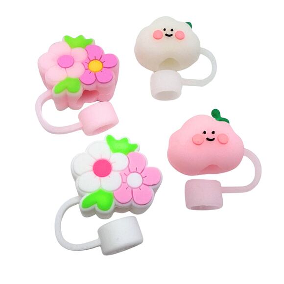 Floral Cloud Pastel Silicone Straw Cover Toppers 4 Piece Set 10mm Straws Kawaii - Picture 2 of 3